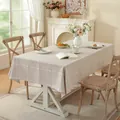 Close-up of beige plaid tablecloth with delicate fringe and linen texture fabric - 60*60cm / Embroidered Coffee Full Grid