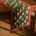 Christmas table runner with Santa Claus, reindeer patterns and elegant tassel fringe - 35x140cm / Green Snowman Style