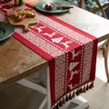 Roter Weihnachts-Tischläufer mit weißen Rentier- und Schneeflockenmustern und Quasten - 35x140cm / Jacquard Rotes Rentier-Stil