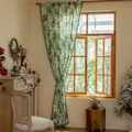 Christmas botanical print semi-sheer curtain with pine cones and green pom-pom fringe - 150cmx160cm / Pine Cone Print-Rod Pocket