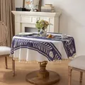Blue and white floral round tablecloth with fringe on a rustic wooden dining table - Small / Symmetrical Blue Floral With Tassel