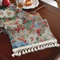 Detail van de Amerikaanse retro jacquard tafelloper met decoratieve witte katoenen kwastjes - 30*100cm / Kruis Kwastje / Kleurrijke Olieverf