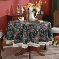 Retro floral round tablecloth with woven tassels on a vintage dining table setting - Diameter 120CM / Green Base Rose (With Tassels)