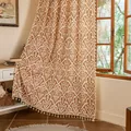 Rideau vintage européen à motifs géométriques jacquard et pompons pour chambre et salon - 150x160cm / Passe-tringle / Style Géométrique Orange (Orange Géométrique + Glands)