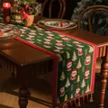 Runner da tavola natalizio verde bosco con motivi di Babbo Natale e nappe colorate - 35*220cm / Babbo Natale Verde con Nappina Rossa