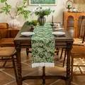 Green pastoral jacquard table runner with small floral patterns and white lace tassels - 33x120cm / Green Floral Pattern With Pleated Edge