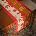 Runner da tavolo jacquard rosso e oro con carattere Fu e nappe festive - 35*220cm / Carattere Fu con Nappina Rossa