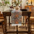 Vintage jacquard table runner with colorful geometric patterns and white lace tassels - 33x120cm / Vintage Umbrella Pattern With Pleated Edge