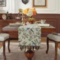 Runner da tavolo bohémien in tessuto con motivi vintage di uccelli, fiori e nappe - Motivo Uccello Jacquard Con Nappe Verdi / 33x120cm