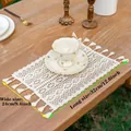 Rectangle cream cotton crochet placemat with fringes in a bohemian style setting - Symmetrical Lace Style (CD-Lace) / 24*32cm
