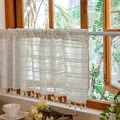 Japanese style semi-sheer cafe curtain with subtle texture and elegant fringe trim - 140x45cm / Beige Linen-Look with Tassels (Rod Pocket)