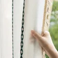 Close-up of white striped polyester curtain with green leaf embroidery and tassels - Green Single-sided Curtain With Baking Soda Perforated Cover (reverse Pressure) / 132cm Wide * 45cm Long