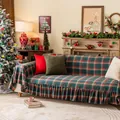 Red and green plaid Christmas sofa cover with decorative ruffled edges in a cozy room - Christmas Green Plaid Lotus Leaf Sofa Cover 25cm Border / 180*180CM