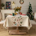 Beige Weihnachtstischdecke mit Schneeflocken, Rentier-Motiv und weißen Pompon-Fransen - 60*60cm / Jacquard Beige Weihnachten mit weißen Pompons