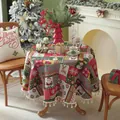 Red Christmas round tablecloth with jacquard patterns, tassels and festive reindeer design - Diameter 120CM / Santa Claus Patchwork Style (With Tassels)
