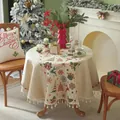 Red Christmas round tablecloth with fringe, featuring reindeer and tree patterns - Diameter 120CM / Beige Christmas Style (With Tassels)