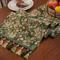 Forest green cotton linen table runner with woven daisy patterns and tassels - 33x120cm / Green Floral Pattern With Green Tassels
