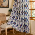 Rideau vintage européen à motifs géométriques ikat bleu et blanc avec décor de glands - 150 Largeur * 160CM Hauteur / Style Crochet / Géométrique bleu personnalisé