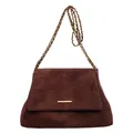 Retro deep reddish brown suede tote bag with elegant gold chain strap for women - Brown