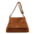 Brown vintage suede and leather crossbody bag with elegant gold chain and metal buckle - Brown