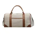 Beige canvas reistas met bruine lederen bies en afneembare schouderriem - Broken Wit