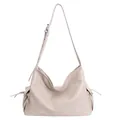 Bolso hobo beige minimalista con hebillas plateadas ajustables y detalles de cordón lateral - Blanco