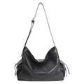 Bolso hobo retro de cuero negro con bolsillos laterales y correa ajustable - Negro