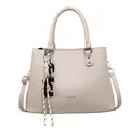 Minimalist cream white soft leather tote bag with large capacity and woven chain strap - Top Handle Bag / Off White