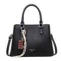 Black pebbled leather tote bag with silver fashion text and pearl charm accessory - Top Handle Bag / Black