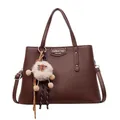 Brown litchi pattern leather crossbody bag with top handles and cartoon plush pendant - Brown