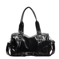 Glossy black PU leather tote bag featuring criss-cross straps and silver metal buckles - Black