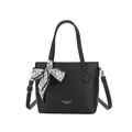 Black litchi grain leather bucket bag with printed silk scarf and adjustable strap - Black
