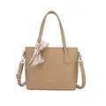 Minimalist khaki leather bucket handbag with silk scarf and adjustable strap - Yellow
