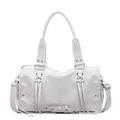 Chic white glossy PU tote bag with vintage metal rivets and adjustable shoulder strap - Purple