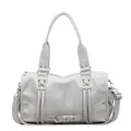 Cream white cylinder motorcycle bag with stylish lace-up detail and silver hardware - Gray