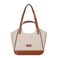 Sac cabas bicolore crème et marron caramel avec finition en simili cuir texturé - Poche zippée