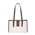 Grand sac cabas style français blanc cassé à motif croco avec détails marron et doré - Café et Blanc