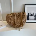Bolso tote de paja caqui tejido a mano con asas de cuero para playa y viajes de verano - Estilo 1 Caqui