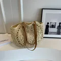 Elegante bolso tote de paja crema con textura tejida hueca y asas de cuero marrón - Estilo 1 Blanco Beige