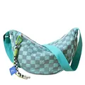 Mintgroene en grijze geruite halve maan canvas crossbodytas met geweven riem - Met Hanger / Lichtblauw
