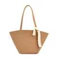 Handmade khaki woven straw tote bag with elegant cream lace ribbon and shoulder straps - Khaki