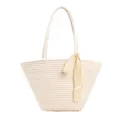 Minimalist beige woven straw tote bag for beach vacations with delicate lace bow - White