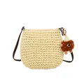 Handgemaakte beige strooien schoudertas met bruine leren riem en stijlvolle pluche hanger - Enkele Tas / Wit