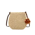 Handgeweven strooien schoudertas in beige met bruine lederen riem en grappige monster hanger - Enkele Tas / Beige