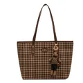 Bolso tote marrón con estampado de pata de gallo, amuleto de conejo y placa Happy Girl - Tote Bag / Pata de Gallo Café