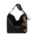 Große schwarze Vintage-Hobo-Tasche mit besticktem Gurt und Plüschhasen-Anhänger - Einzelne Tasche / Schwarz