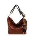 Braune Vintage Hobo Tasche mit gemustertem Gurt und Hasenanhänger für Damen - Einzelne Tasche / Kaffeebraun