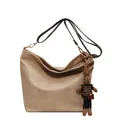 Große beige Retro-Tragetasche mit gemustertem breitem Gurt und Plüsch-Hasenanhänger - Einzelne Tasche / Khaki
