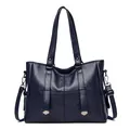Navy blue faux leather tote bag with silver hardware and detachable shoulder strap - Dark Blue
