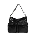 Schwarze glänzende Tragetasche aus Lackleder mit Taschen und Ethno-Webschultergurt - Schwarz